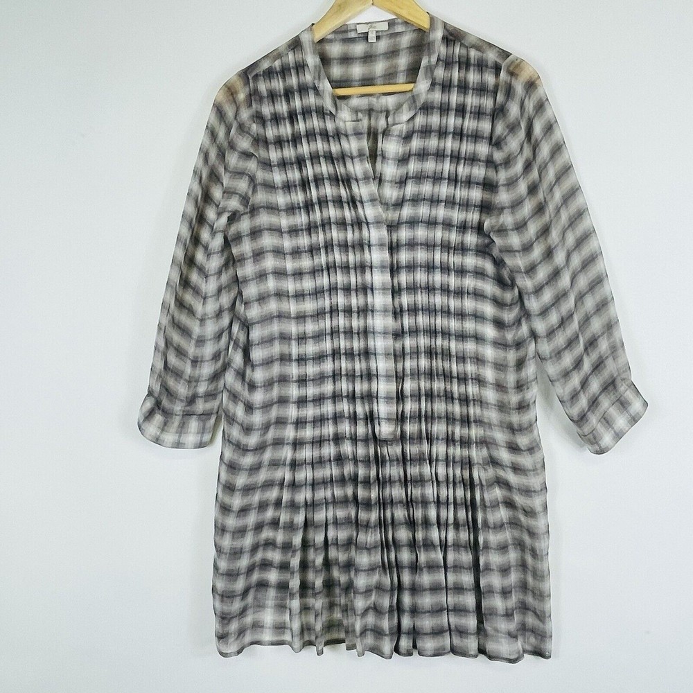Joie Plaid Pintuck Tunic Women Small Grey Taupe Boho Coastal Grandma